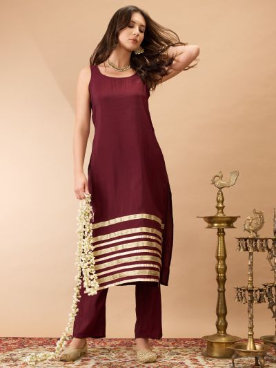 Globus Women Brown Sleeveless Round Neck Gotta Lace hem Straight Kurta With Pant Festive Set