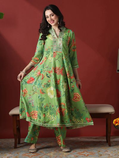 Globus Women Green Zari Embroidered V-Neck Panelled Floral Print Anarakali Kurta With Pants Festive Set
