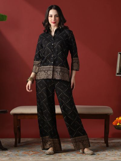 Globus Women Black Collared Neck Gold Foil Bandhani Print Shirt With Palazzos Fusion Co-Ord Set
