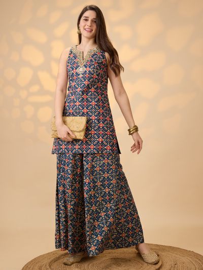 Globus Women Navy Blue Embroidered & Mirror Work Yoke Ethnic Print Kurti With Palazzos Festive Co-Ord Set
