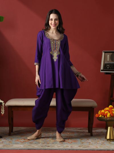 Globus Women Purple Sequinned & Embroidered Yoke A-Line Tunic With Dhoti Pants Festive Co-Ord Set 