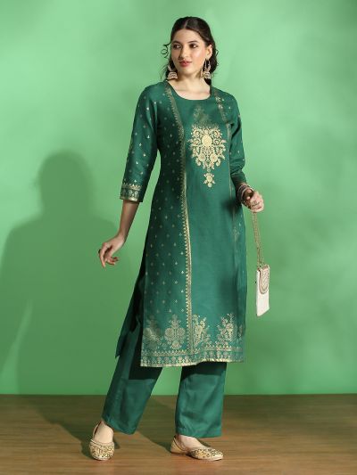 Globus Women Green Round Neck Ethnic Foil Print Straight Festive Kurta & Pant Set