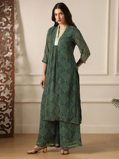 Globus Women Green Zari Lace V-Neck Bandhani Print Panelled Gotta Patti Georgette A-Line Kurta &�Palazzos Festive Set