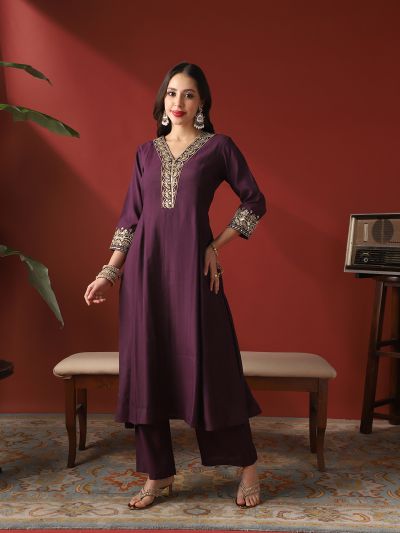 Globus Women Purple Zari Embroidered V-Neck Panelled Anarkali Kurta & Wide Leg Pants Festive Set
