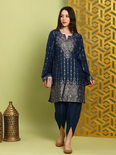 Globus Women Navy Blue Round Neck Bell Sleeves Gold Foil Ethnic Print Straight Kurta With Dhoti Pants Festive Set