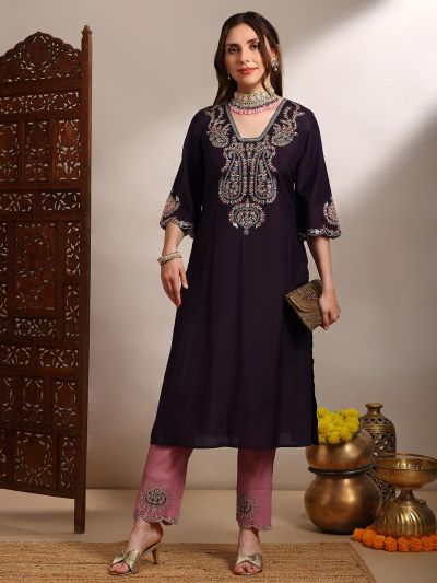 Globus Women Purple Zari Embroidered Yoke V-Neck Scalloped Bell Sleeves Straight Kurta With Pants Festive Set