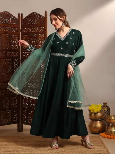 Globus Women Green Embroidered V-Neck Puff Sleeves Tiered A-Line Maxi Dress with Belt & Dupatta Set