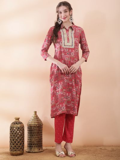 Globus Women Pink Ethnic Motifs Foil Print Collared Neck Lace Insert Yoke Straight Kurta With Pant Festive Set