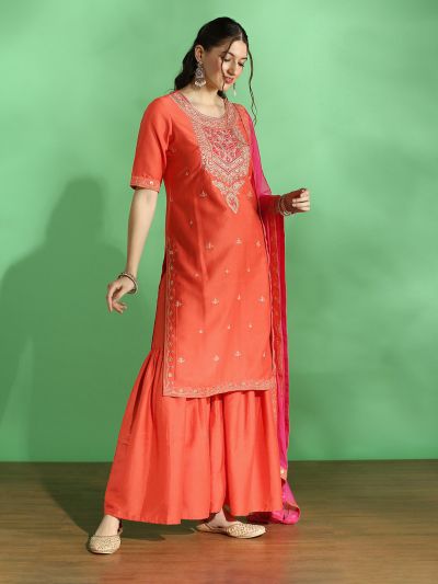 Globus Women Orange Embroidered Yoke Zari Work Straight Kurta With Sharara & Contrast Dupatta Festive Set