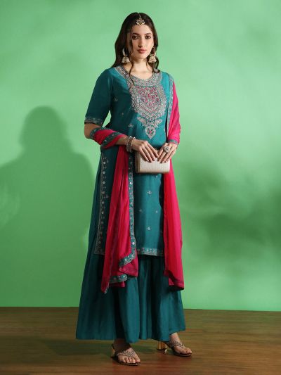 Globus Women Blue Embroidered Yoke Zari Work Straight Kurta With Sharara & Contrast Dupatta Festive Set