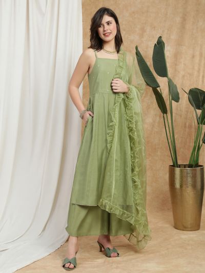 Globus Women Green Square Neck Strappy Sleeves Sequin Detail Gotta Lace Hem A-Line Kurta With Palazzos & Frill Dupatta Festive Set