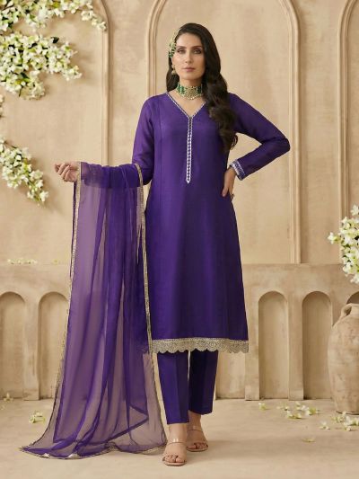 Globus Women Purple V-Neck Zari Embroidered Lace Detail A-Line Kurta with Wide Leg Pants & Dupatta Festive Set