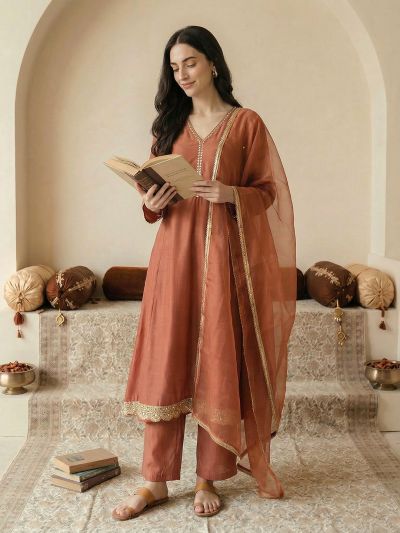 Globus Women Orange V-Neck Zari Embroidered & Mirror Work Detail Flared Hem A-Line Kurta with Pants & Dupatta Festive Set