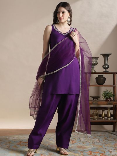 Globus Women Purple Zari Embroidered V-Neck Sleeveless A-Line Kurti With Wide Leg Pants & Tapping Dupatta Festive Set