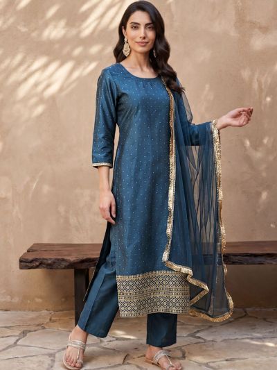 Globus Women Blue Round Neck Polka Dot Foil Print Zari Embroidered Hem Straight Kurta with Trousers & Dupatta Festive Set