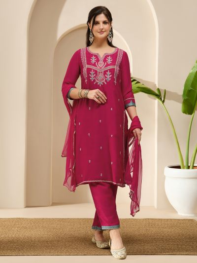 Globus Women Pink Zari Embroidered Yoke Straight Kurta With Wide Leg Pants & Taping Dupatta Festive Set