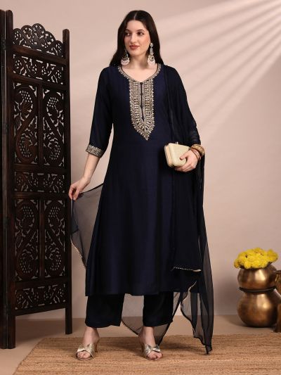 Globus Women Blue V-Neck Sequin & Zari Embroidered Yoke A-Line Kurta With Pant & Dupatta Festive Set