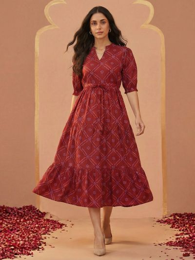 Globus Women Red Bandhani Print Mandarin Collar Puff Sleeves Waist Tie-Ups Tiered Fit & Flare Midi Dress