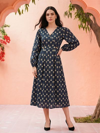 Globus Women Blue Allover Floral Printed V-Neck Bishop Sleeves Fit & Flare Midi Dress
