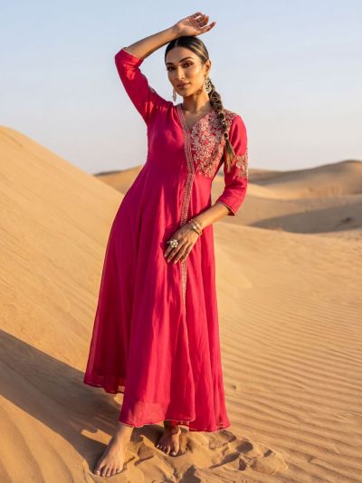 Globus Women Magenta V-Neck Sequin Floral Embroidery Gotta Lace Insert Fit and Flare Maxi Festive Dress
