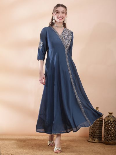 Globus Women Blue V-Neck Sequin Floral Embroidery Gotta Lace Insert Fit and Flare Maxi Festive Dress