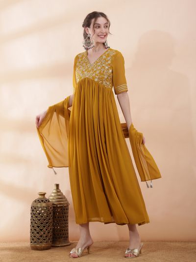 Globus Women Yellow Sequinned Embroidered V-Neck Pleated Flared Hem A-Line Maxi Festive Dress With Dupatta Set