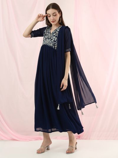 Globus Women Blue Sequinned Embroidered V-Neck Pleated Flared Hem A-Line Maxi Festive Dress With Dupatta Set