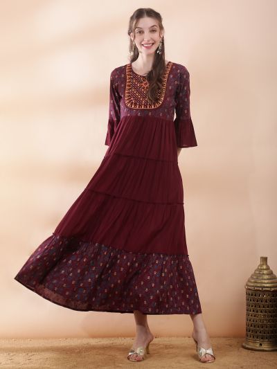 Globus Women Wine Round Neck Bell Sleeves Foil Print Embroidered Yoke Mirror Work Detail Gathered & Tiered Maxi A-Line Fusion Dress
