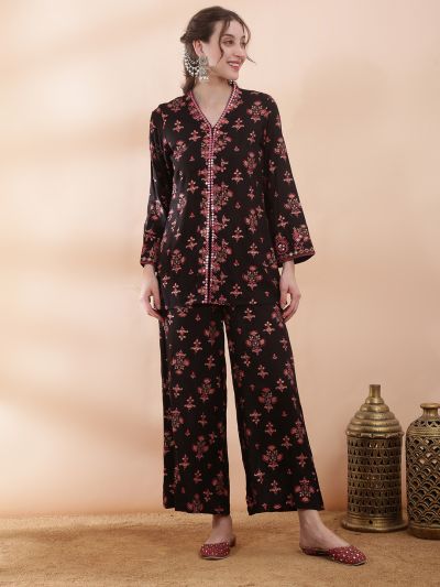 Globus Women Black V-Neck Bell Sleeves Embroidered & Mirror Work Detail Ethnic Print Front Slit Top with Pants Fusion Co-ord Set