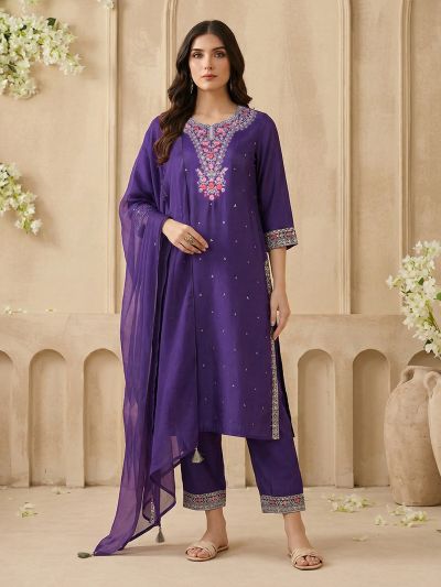 Globus Women Purple Scalloped Round Neck Embroidered Yoke A-Line Kurta with Wide Leg Pants & Dupatta Festive Set