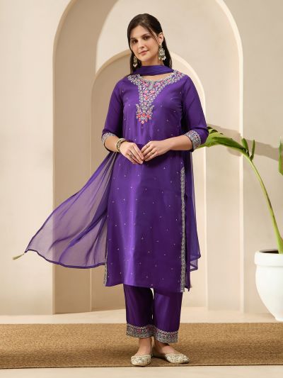 Globus Women Purple Scalloped Round Neck Embroidered Yoke A-Line Kurta with Wide Leg Pants & Dupatta Festive Set