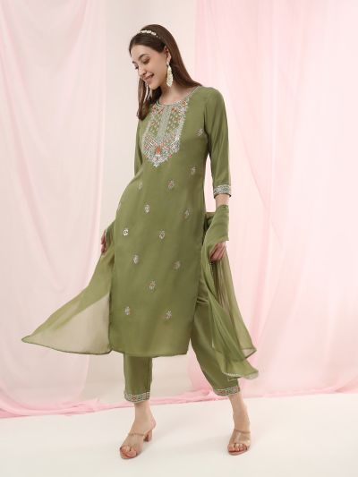 Globus Women Green Round Neck Sequinned Floral Embroidered Straight Kurta with Pants & Gotta Lace Dupatta Festive Set