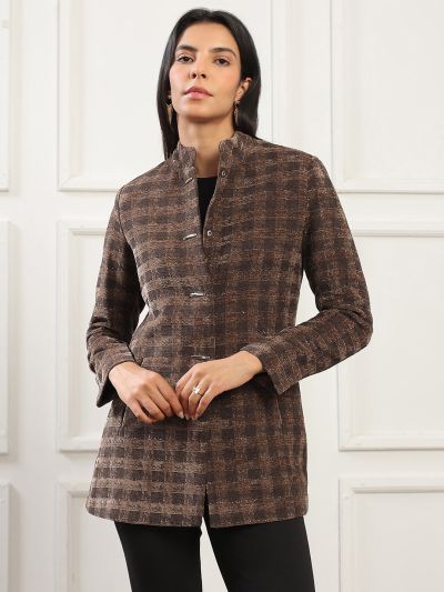 Globus Women Camel Brown Mock Collar Long Sleeves Self Checkered 2 Pockets Hip Length Winterwear Overcoat