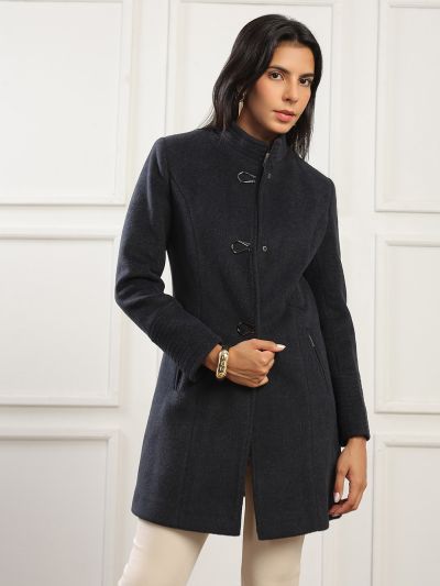 Globus Women Navy Mock Collar Long Sleeves Solid 2 Zipper Pockets Soft Functional Hip Length Winterwear Overcoat