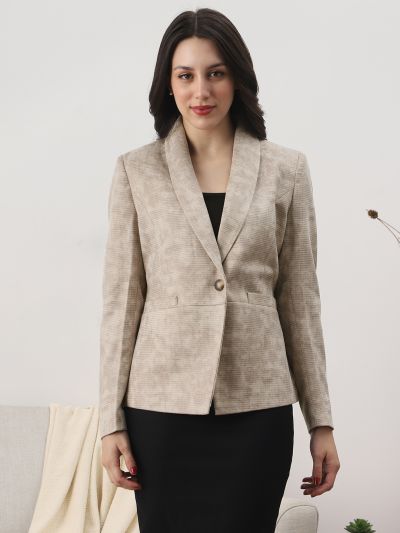 Globus Women Beige Shawl Collar Long Sleeves Self Design 2 Pockets Winterwear Overcoat