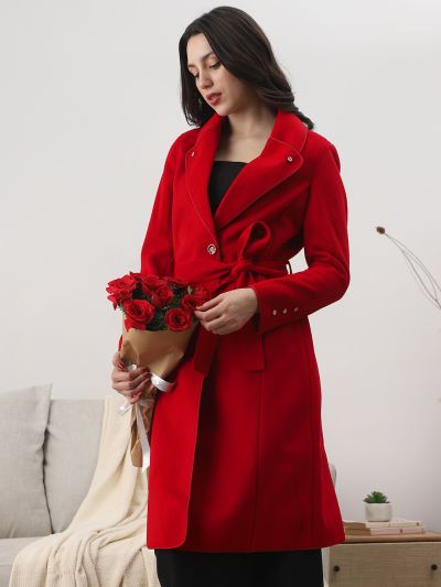 Globus Women Red Shawl Collar Long Sleeves Solid 2 Pockets Winterwear Trench Coat With Belt
