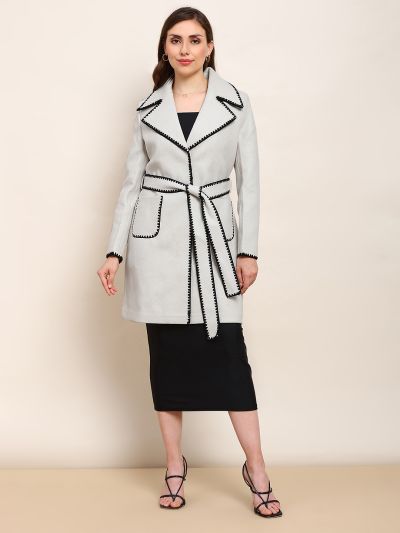 Globus Women Beige Solid Notched Lapel Embroidered Detail Long Sleeves Knee Length Belted Winterwear Overcoat