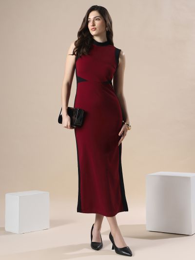 Globus Women Maroon Colorblock High Neck Sleeveless Formal Maxi Bodycon Dress