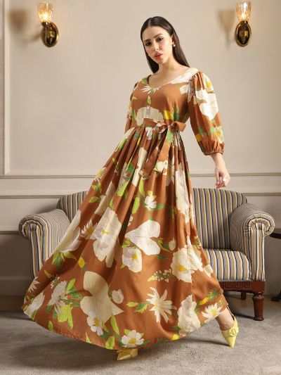 Globus Women Rust Floral Print V-Neck Puff Sleeves Belted Fit & Flare Maxi Dress