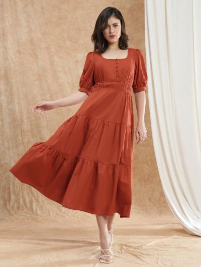 Globus Women Rust Square Neck Puff Sleeves Solid Gathered Tiered Fit & Flare Maxi Dress