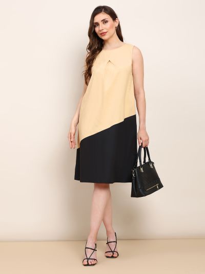 Globus Women Brown Round Neck Colorblock Pleated A-Line Dress