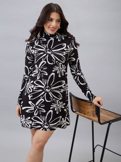Globus Women Black High Neck Back Tie-Up Long Sleeves Floral Print Mini A-Line Dress