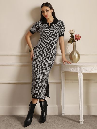 Globus Women Black Collared Neck Acrylic Geometric Pattern Side Slit Midi Bodycon Dress