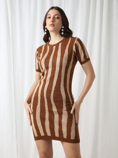 Globus Women Brown Round Neck Short Sleeves Abstract Ribbed Hem Acrylic Mini Bodycon Dress