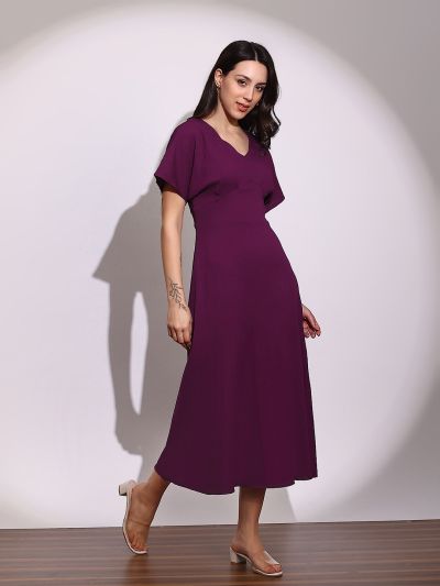 Globus Women Burgundy V-Neck Extended Sleeves Midi A-Line Dress