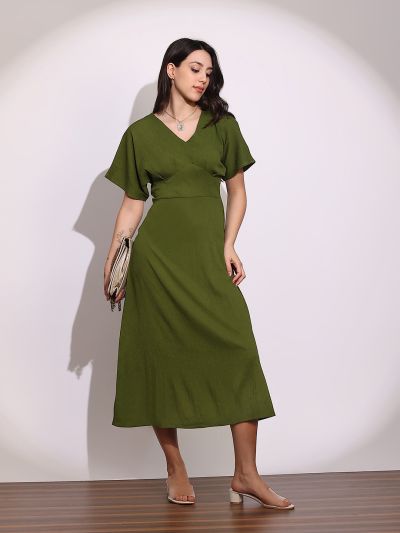 Globus Women Green V-Neck Extended Sleeves Midi A-Line Dress