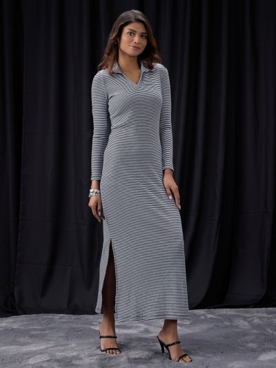 Globus Women Black Collared Neck Long Sleeves Striped Ribbed Side Slits Maxi Bodycon Dress