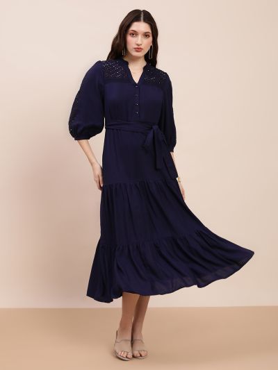 Globus Women Blue V-Neck Bishop Sleeves Solid Schiffli Detail Tiered Midi A-Line Party Dress With Belt