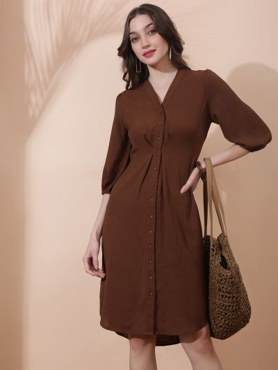 Globus Women Brown Self Design V-Neck Pleated Detail Midi Shirt Style Dress 