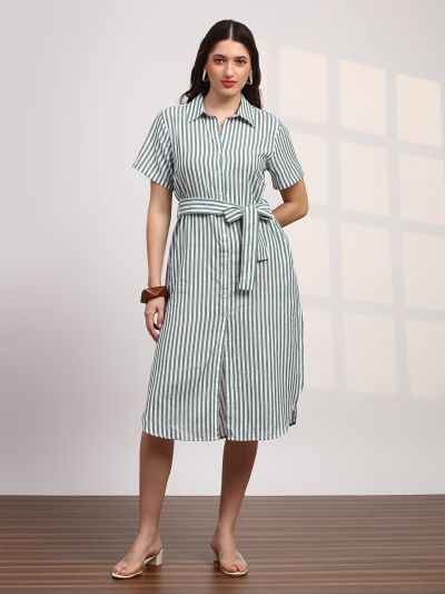 Globus Women Green Stripes Printed Collared Neck Curved Hem Button-Down Belted Shirt Style Dress